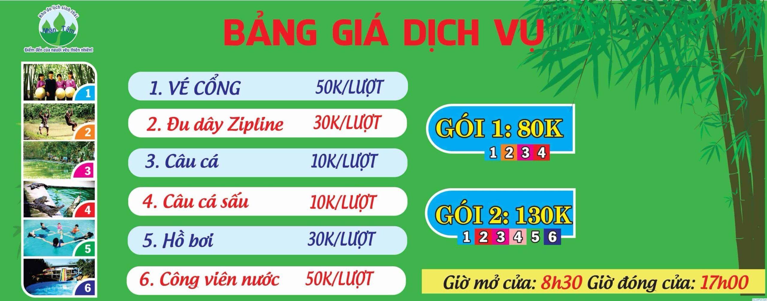  bảng giá vé tham quan và giá vé các dịch vụ vui chơi ở Khu Du Lịch Sinh Thái Nhân Tâm Nha Trang: