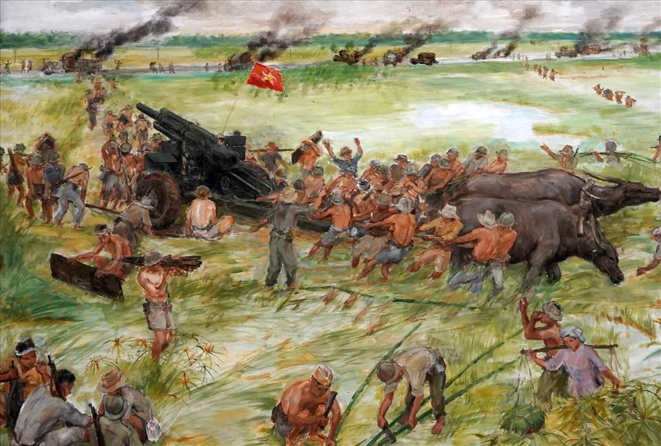 Bức tranh của họa sĩ Tô Dự phác họa lại hình ảnh quân dân ta và đôi trâu đang ra sức kéo pháo.