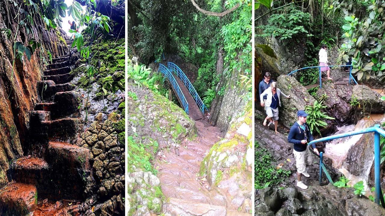 Bậc thang đá nhỏ, gập ghềnh và trơn trượt dẫn lên thác Voi gây khó khăn cho du khách.